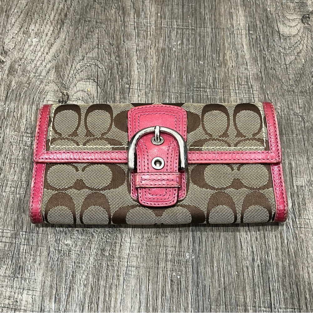 Coach Signature Canvas Buckle Long Wallet Pink Trim Brown Monogram w/ Care Card